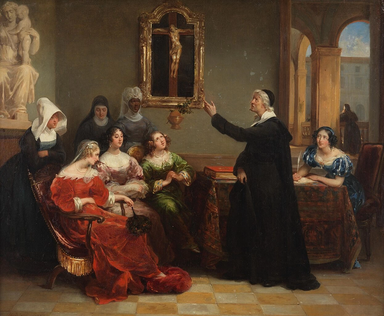 Lezione di teologia a tre dame dell'alta borghesia